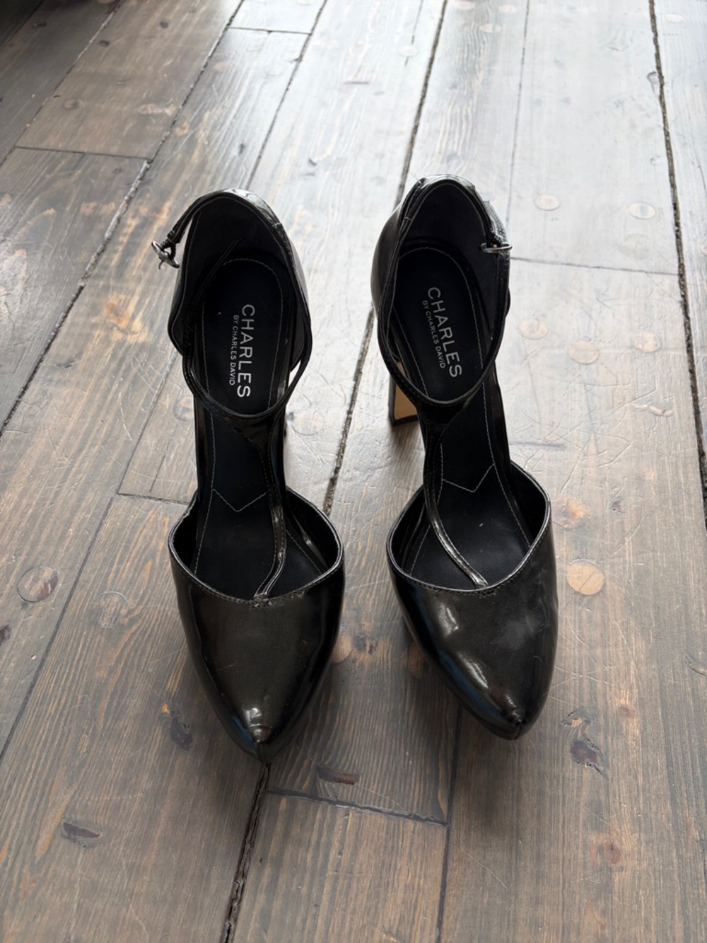 Charles by Charles David Black Patent Pointed-Toe Ankle-Strap Heels